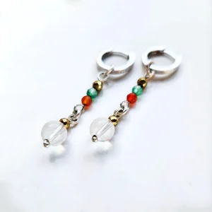 boucles d'oreille créole charnière en argent, hématite, agate, cristal de roche