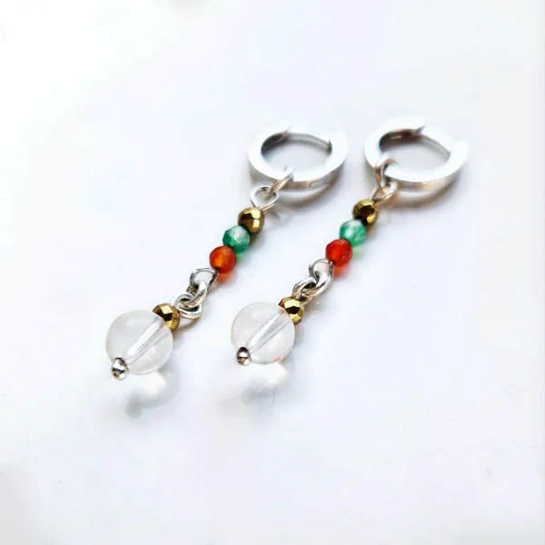 boucles d'oreille créole charnière en argent, hématite, agate, cristal de roche