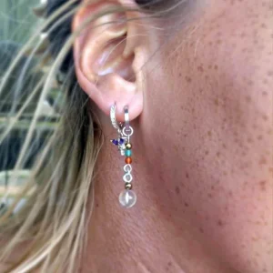 boucles d'oreille créole charnière en argent, hématite, agate, cristal de roch