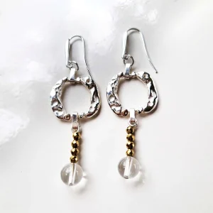 boucles d'oreille argent, hématite dorée, cristal de roche