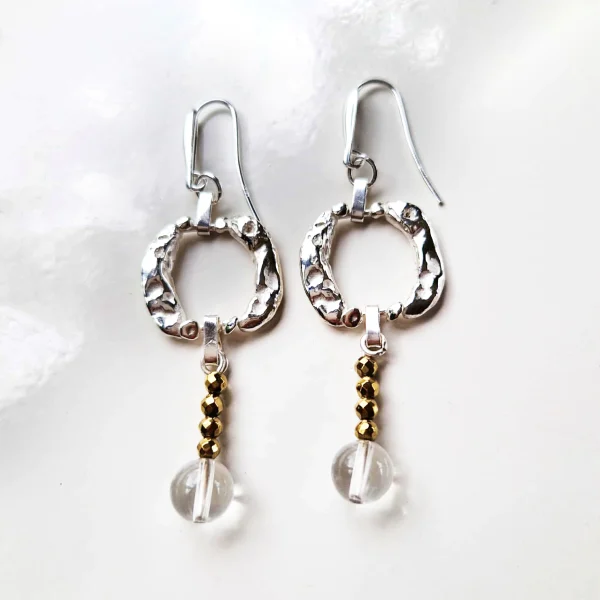boucles d'oreille argent, hématite dorée, cristal de roche