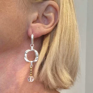 boucles d'oreille argent, hématite dorée, cristal de roche