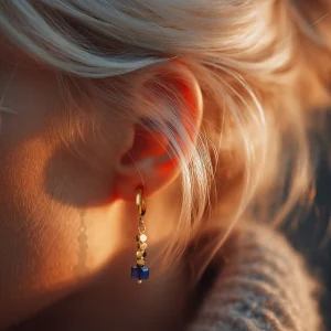 Boucles créoles pendantes en acier précieux, hématite et cristal doré et bleu minuit