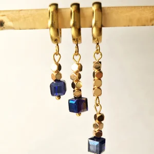 Boucles créoles pendantes en acier précieux, hématite et cristal doré et bleu minuit